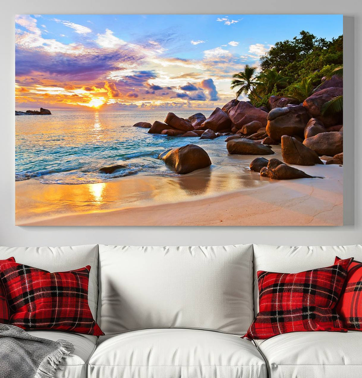 Tropical Beach Sunset Canvas Print, Ocean Waves and Rocky
