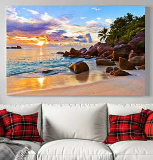 Tropical Beach Sunset Canvas Print, Ocean Waves and Rocky