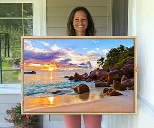 Tropical Beach Sunset Canvas Print, Ocean Waves and Rocky
