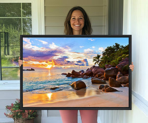 Tropical Beach Sunset Canvas Print, Ocean Waves and Rocky