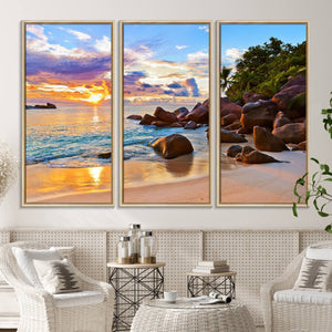 Tropical Beach Sunset Canvas Print, Ocean Waves and Rocky