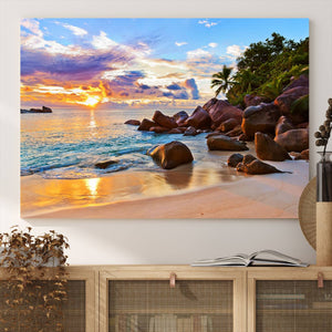 Tropical Beach Sunset Canvas Print, Ocean Waves and Rocky