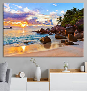 Tropical Beach Sunset Canvas Print, Ocean Waves and Rocky