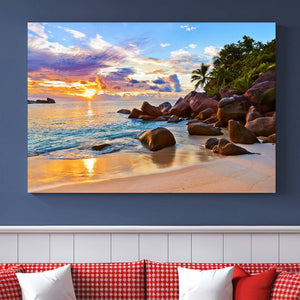 Tropical Beach Sunset Canvas Print, Ocean Waves and Rocky