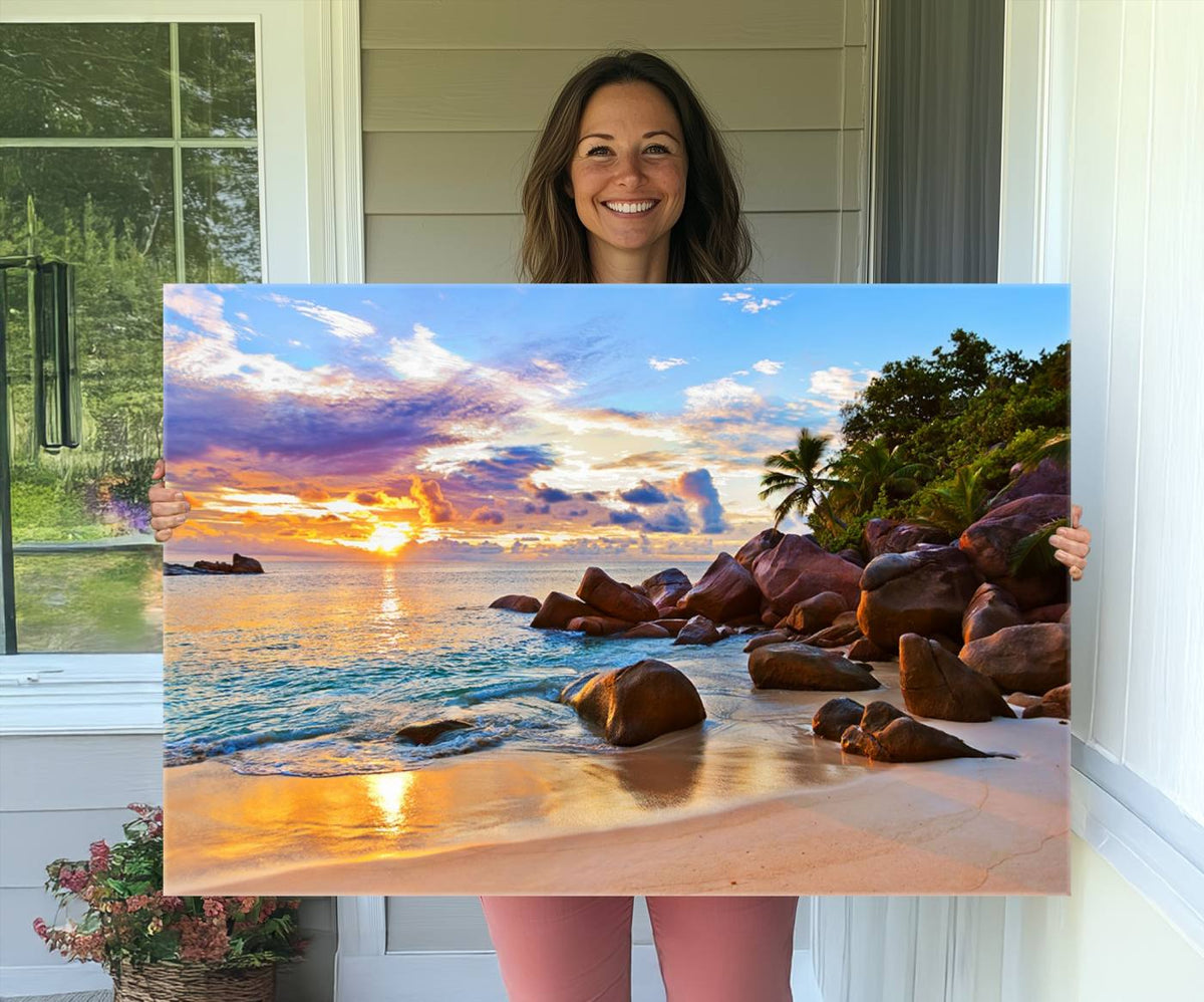 Tropical Beach Sunset Canvas Print, Ocean Waves and Rocky