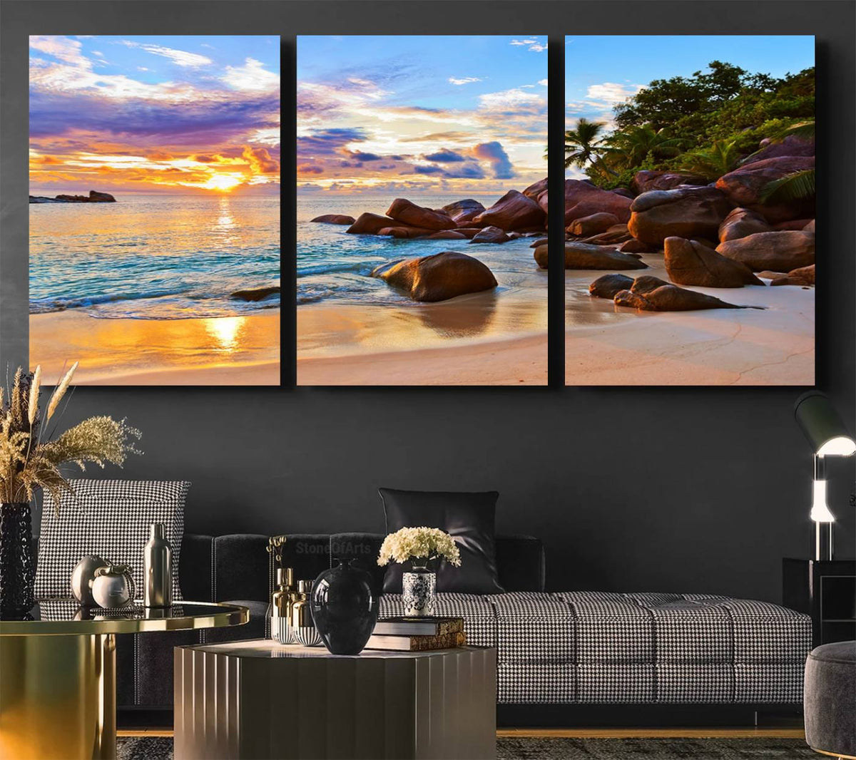 Tropical Beach Sunset Canvas Print, Ocean Waves and Rocky