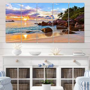 Tropical Beach Sunset Canvas Print, Ocean Waves and Rocky