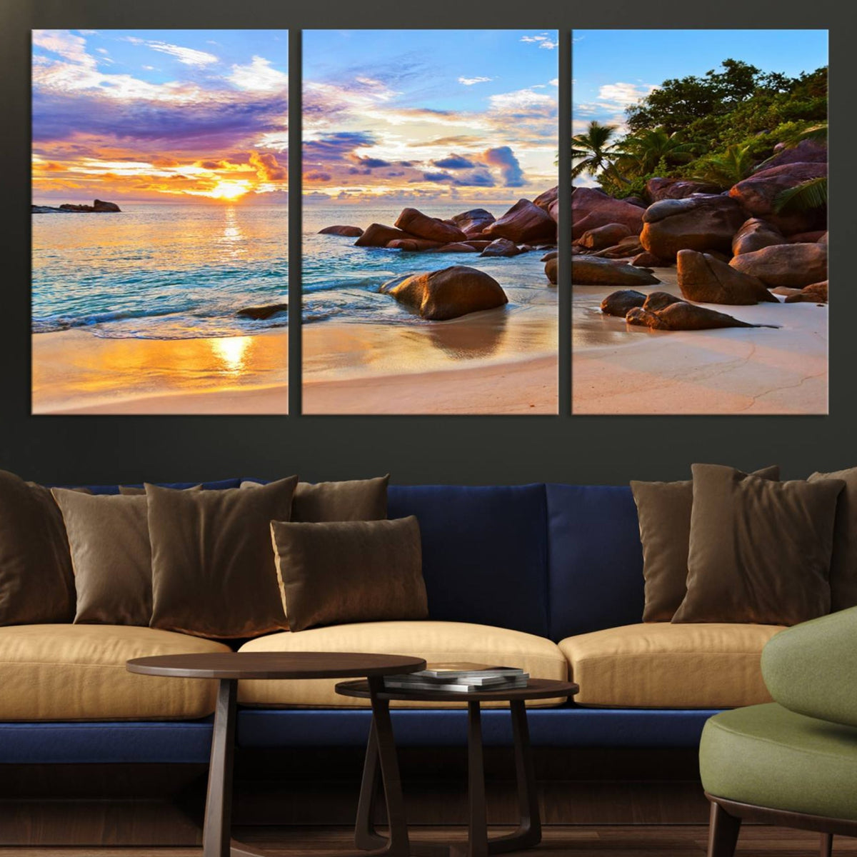 Tropical Beach Sunset Canvas Print, Ocean Waves and Rocky