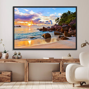 Tropical Beach Sunset Canvas Print, Ocean Waves and Rocky