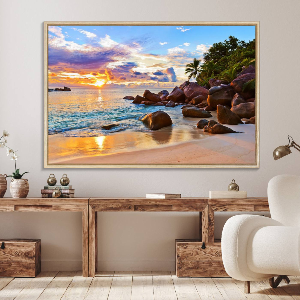 Tropical Beach Sunset Canvas Print, Ocean Waves and Rocky