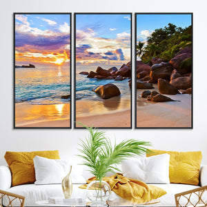 Tropical Beach Sunset Canvas Print, Ocean Waves and Rocky