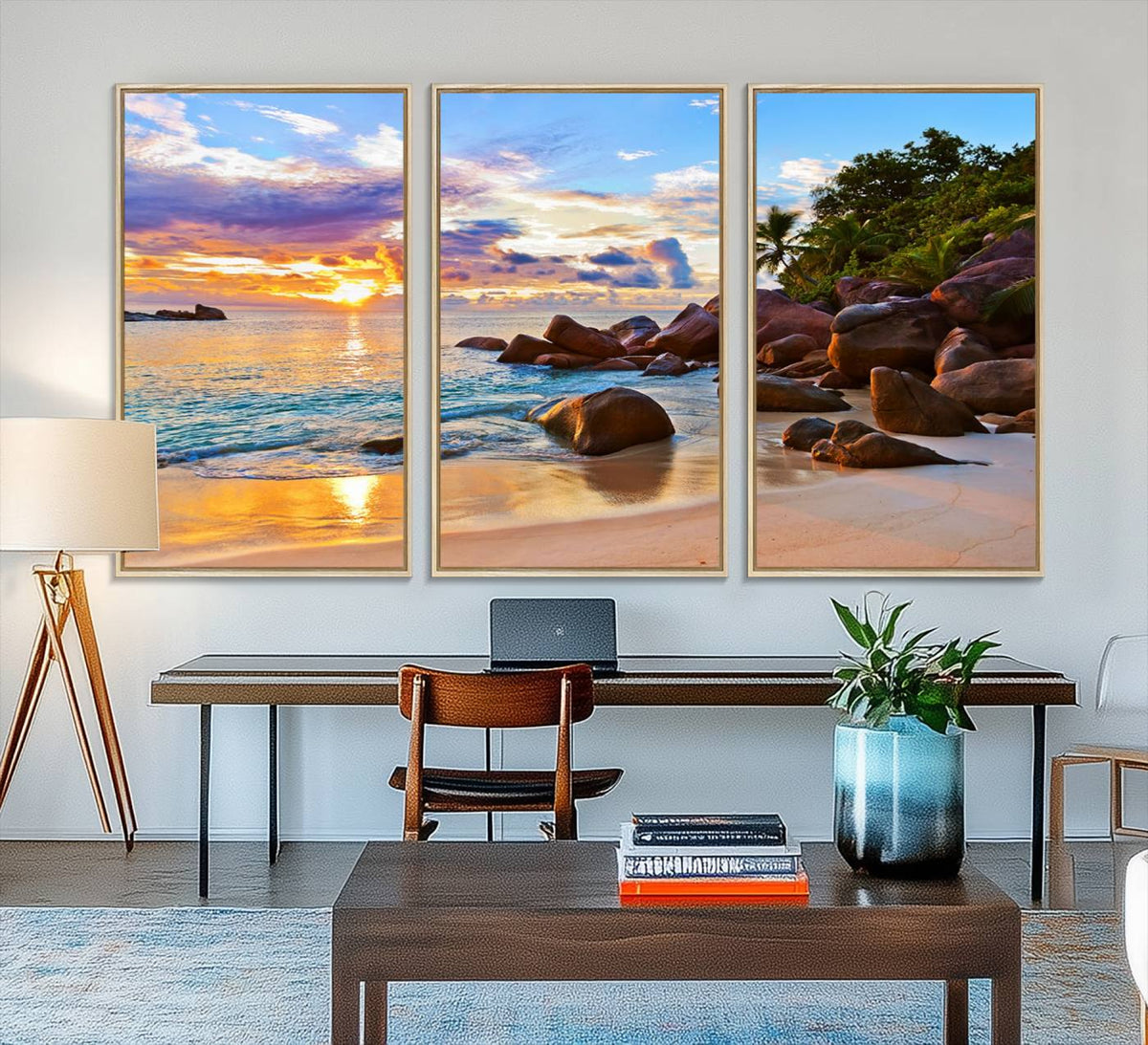 Tropical Beach Sunset Canvas Print, Ocean Waves and Rocky