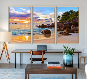 Tropical Beach Sunset Canvas Print, Ocean Waves and Rocky