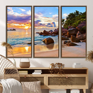Tropical Beach Sunset Canvas Print, Ocean Waves and Rocky