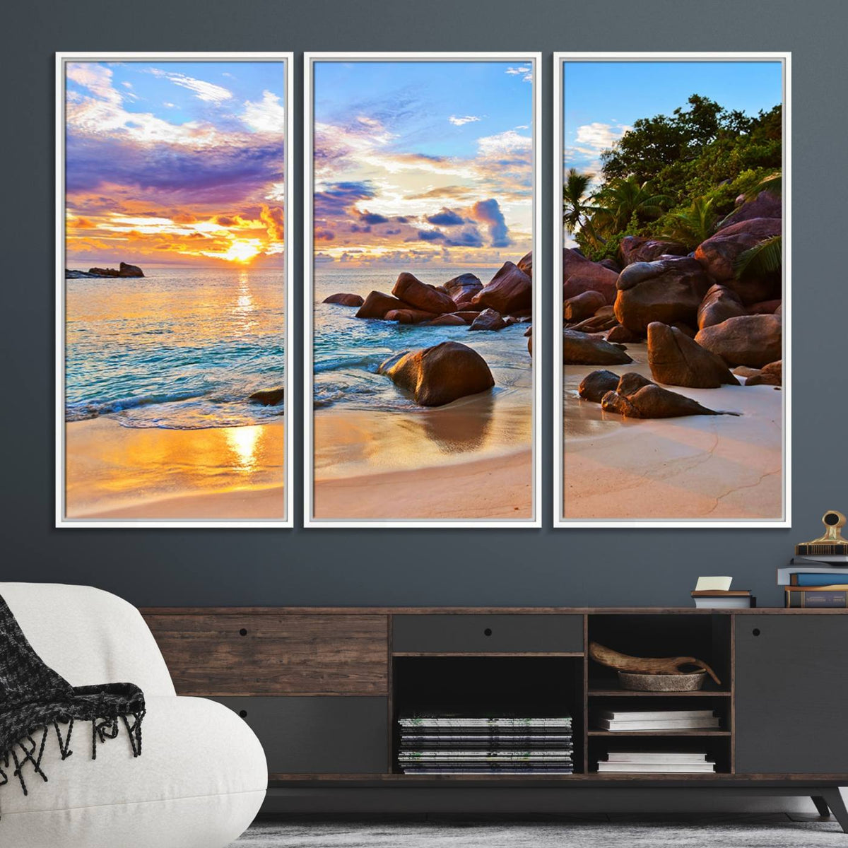 Tropical Beach Sunset Canvas Print, Ocean Waves and Rocky