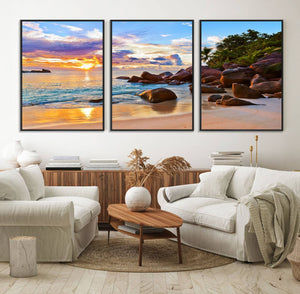 Tropical Beach Sunset Canvas Print, Ocean Waves and Rocky