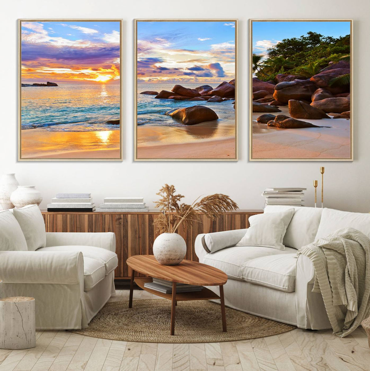 Tropical Beach Sunset Canvas Print, Ocean Waves and Rocky