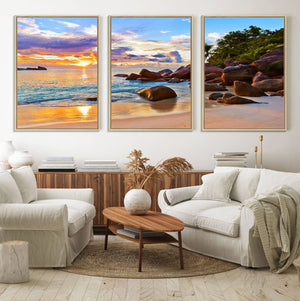 Tropical Beach Sunset Canvas Print, Ocean Waves and Rocky