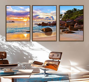 Tropical Beach Sunset Canvas Print, Ocean Waves and Rocky
