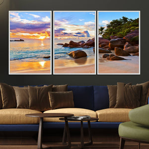 Tropical Beach Sunset Canvas Print, Ocean Waves and Rocky