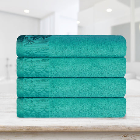 Cotton Floral Jacquard Border Bath Towel Set of 4 - Bath Towel by Superior Brand