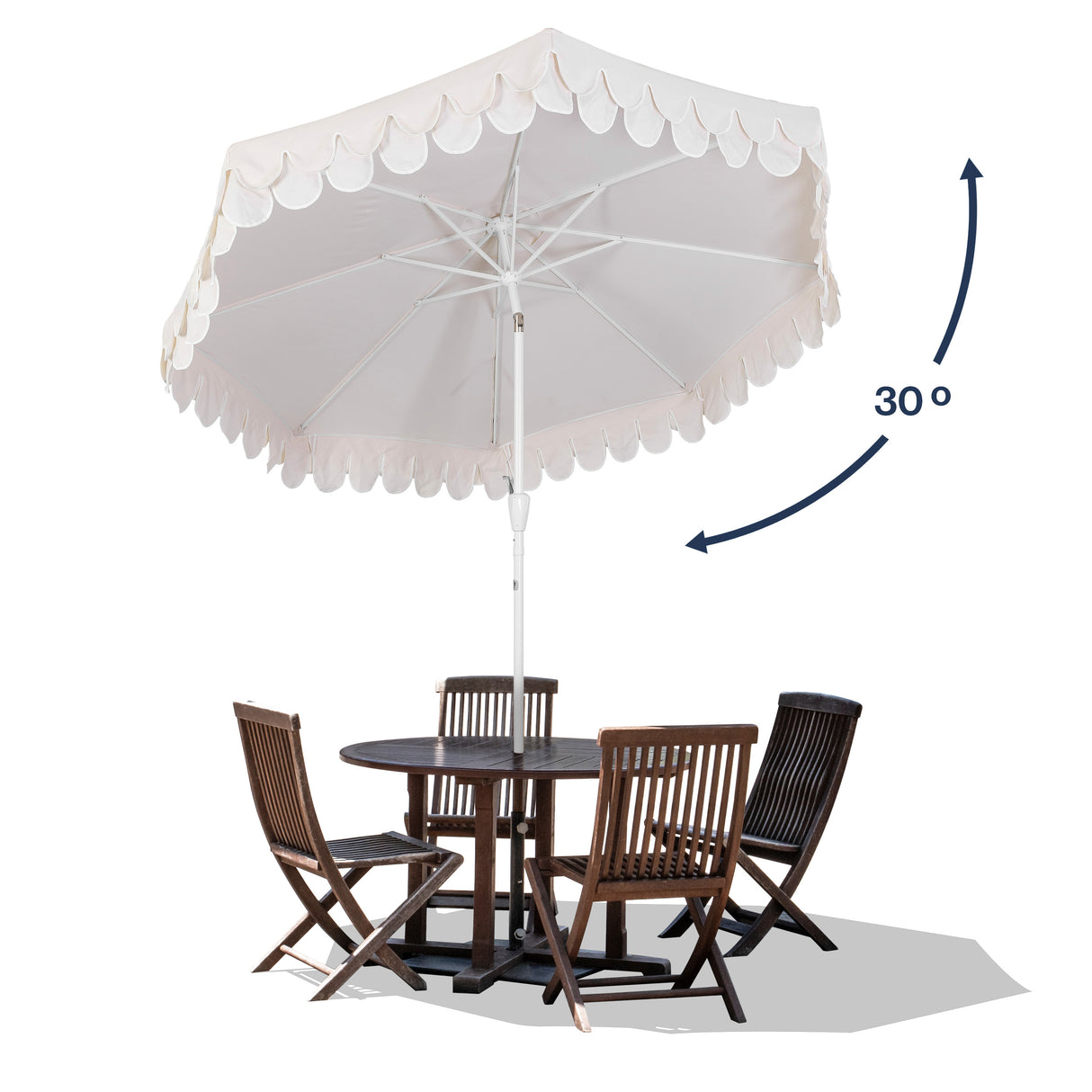 Tracy classic midcentury scalloped fringe market patio umbrella with auto-tilt
