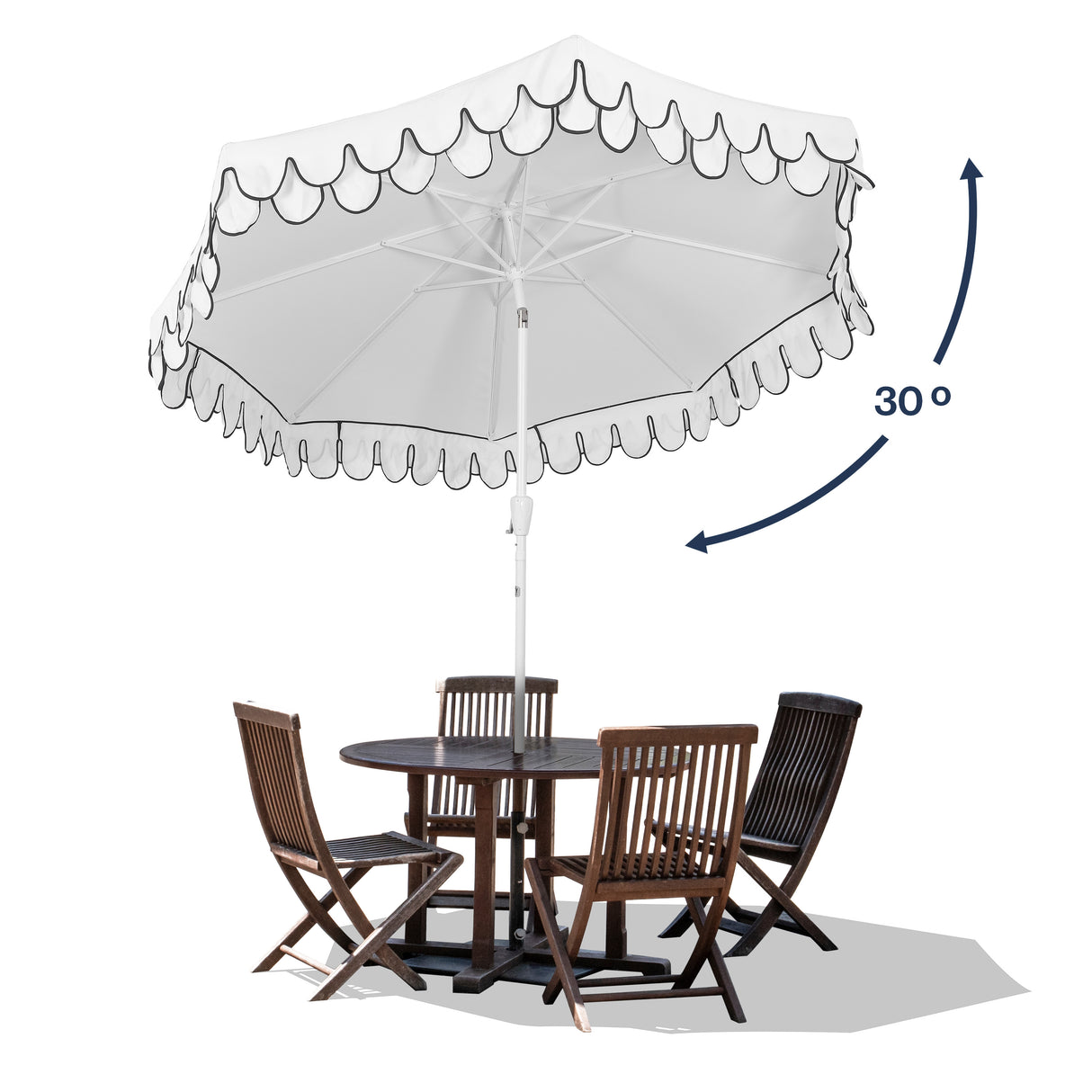 Tracy classic midcentury scalloped fringe market patio umbrella with auto-tilt