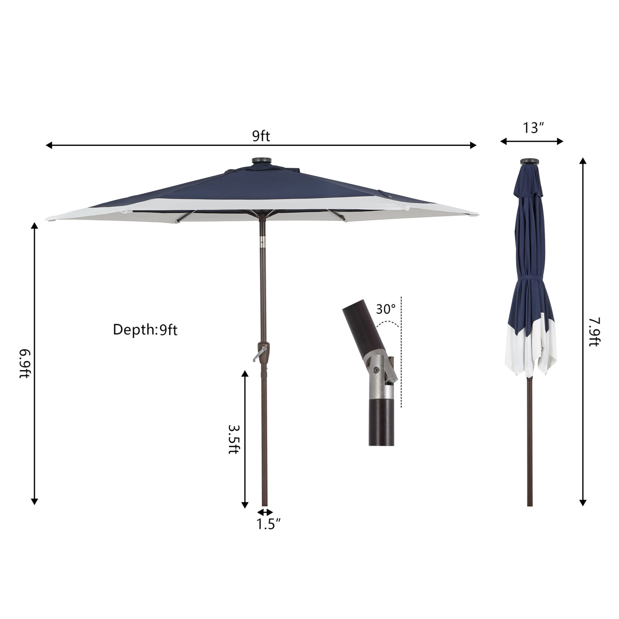 Spencer classic coastal 2-tone solar led market patio umbrella with 12 led strip lights