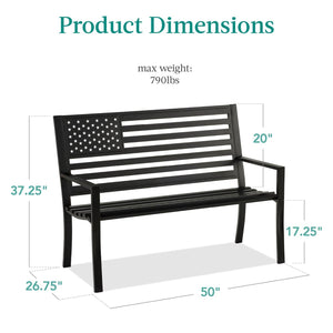 2 Person Patriotic USA Black Metal Bench with American Flag Backrest