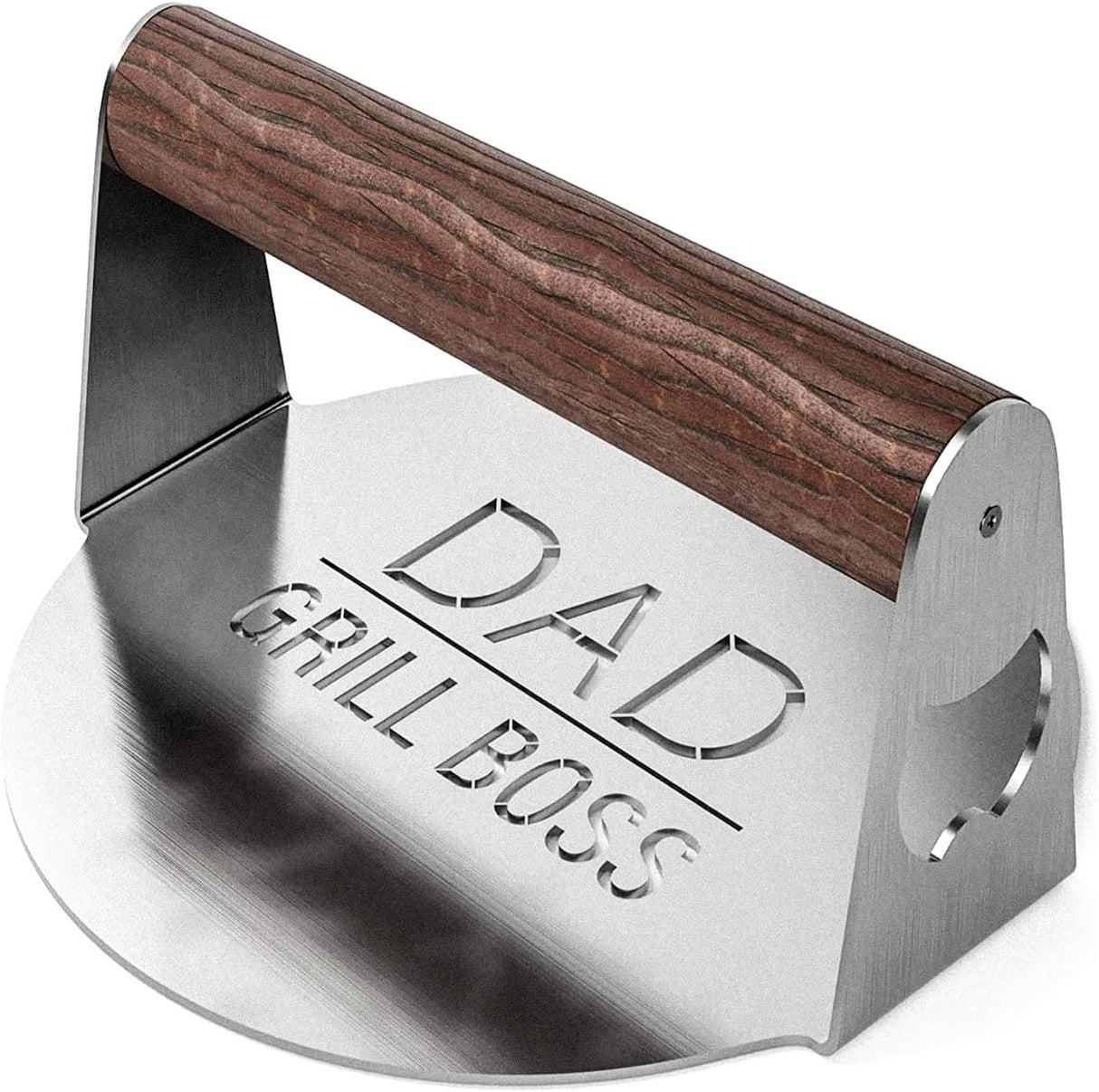 BBQ-Press-Grilling-Gift-for-DAD-The-Grill-Boss-Stainless-Steel-Smash-Burger-Press-for-Hamburger/Bacon-with-Wood-Handle-&-Beer-Opener-(for-Christmas,-Birthday,-Fathers-Day)-