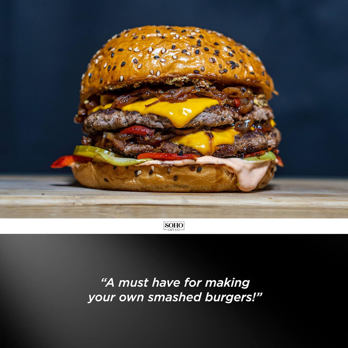 BBQ Press Grilling Gift for DAD The Grill Boss - Stainless Steel Smash Burger Press for Hamburger/Bacon with Wood Handle & Beer Opener (for Christmas, Birthday, Fathers Day)