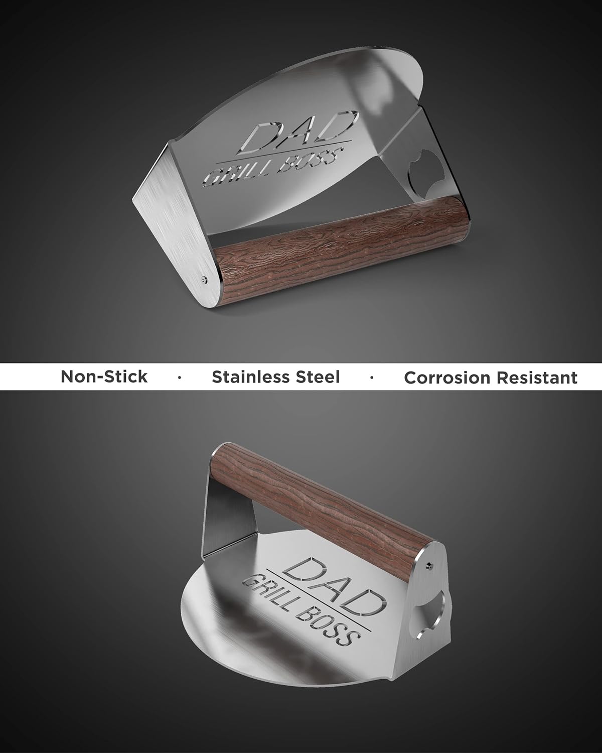 BBQ Press Grilling Gift for DAD The Grill Boss - Stainless Steel Smash Burger Press for Hamburger/Bacon with Wood Handle & Beer Opener (for Christmas, Birthday, Fathers Day)