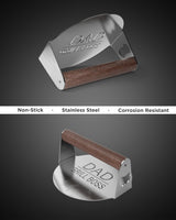 BBQ Press Grilling Gift for DAD The Grill Boss - Stainless Steel Smash Burger Press for Hamburger/Bacon with Wood Handle & Beer Opener (for Christmas, Birthday, Fathers Day)