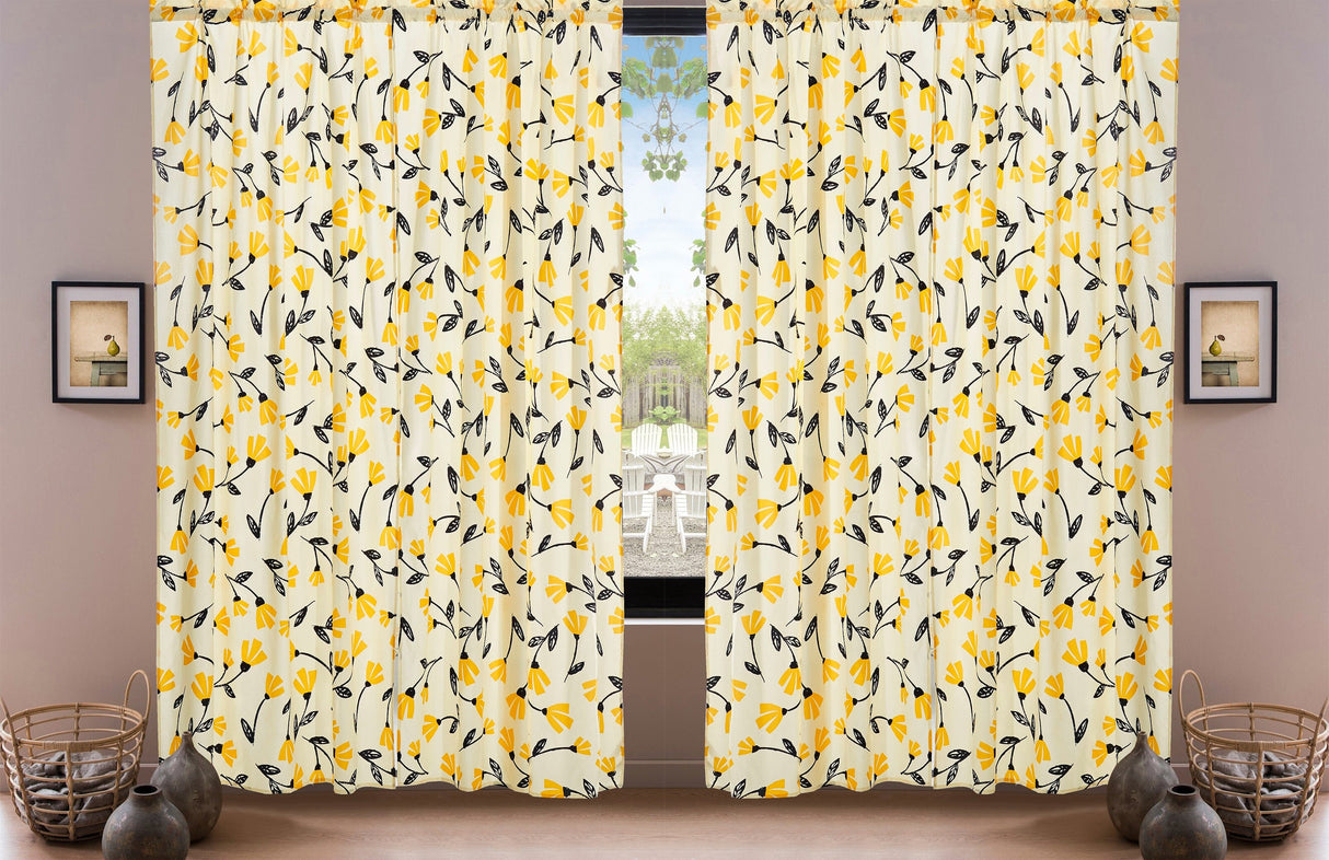DaDa Bedding Set of 2 Botanical Floral Window Curtain Panels - Natural Semi Sheer Yellow Fleur Golden Orange Spring Time Tulips Straight Tailored Edge