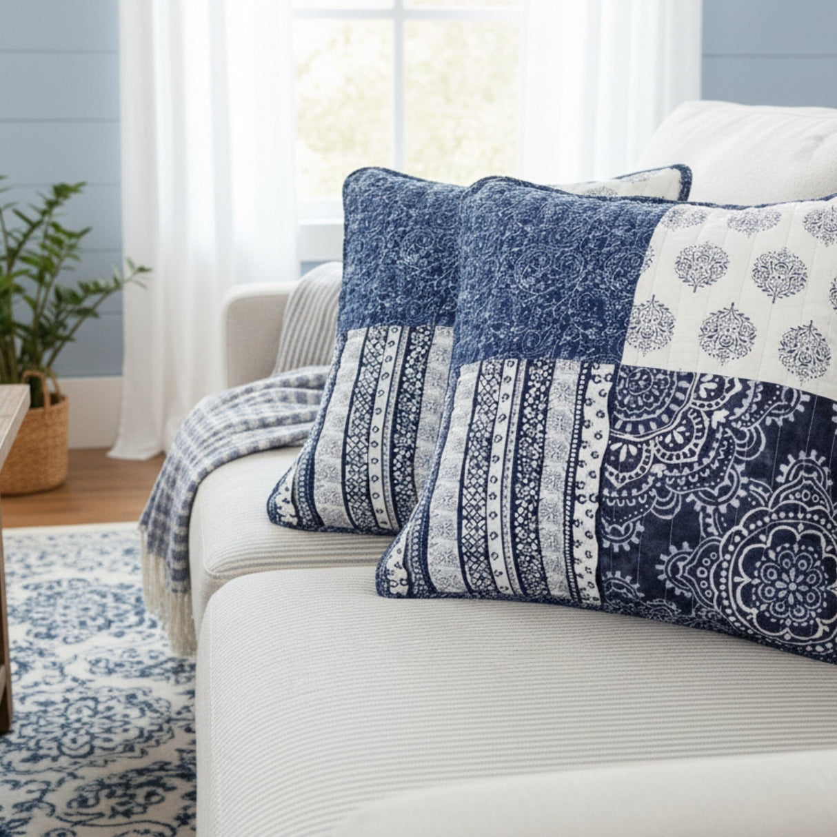 DaDa Bedding Set of 2-Pieces Bohemian Denim Blue Elegance Throw Pillow Covers - 18” x 18" (JHW660)
