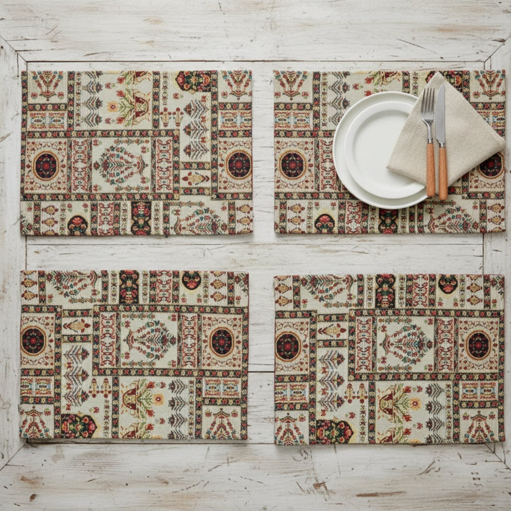 DaDalogy Bedding Set of 4-Pieces Light White Mughal Floral Botanical Cottage Fleur Tapestry Placemats 13” x 19” (18196)