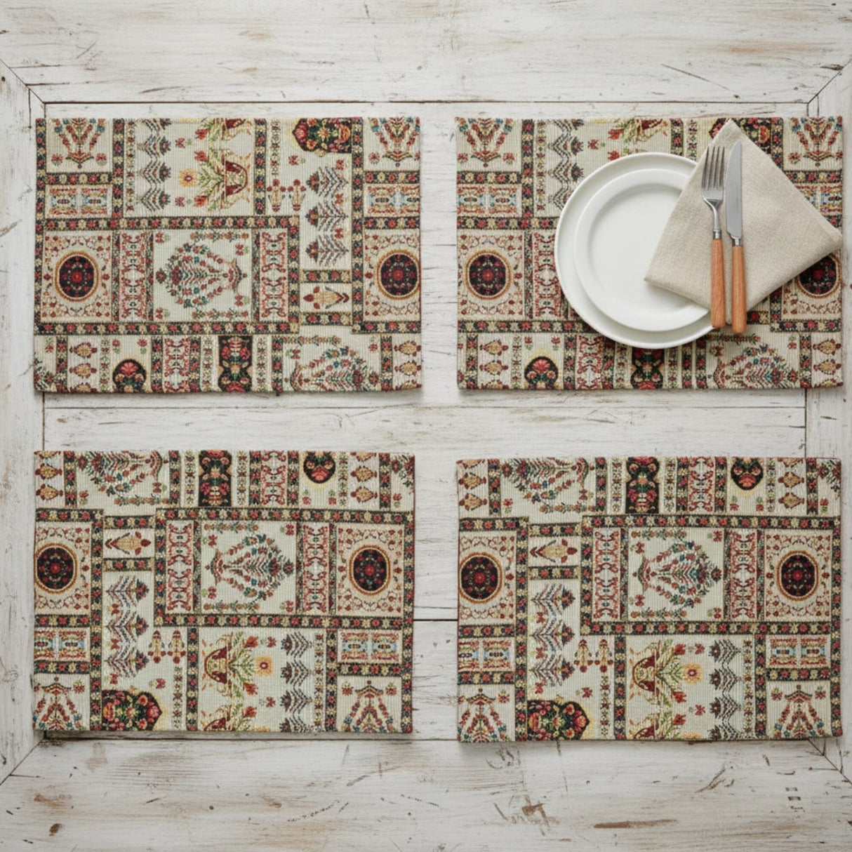 DaDalogy Bedding Set of 4-Pieces Light White Mughal Floral Botanical Cottage Fleur Tapestry Placemats 13” x 19” (18196)