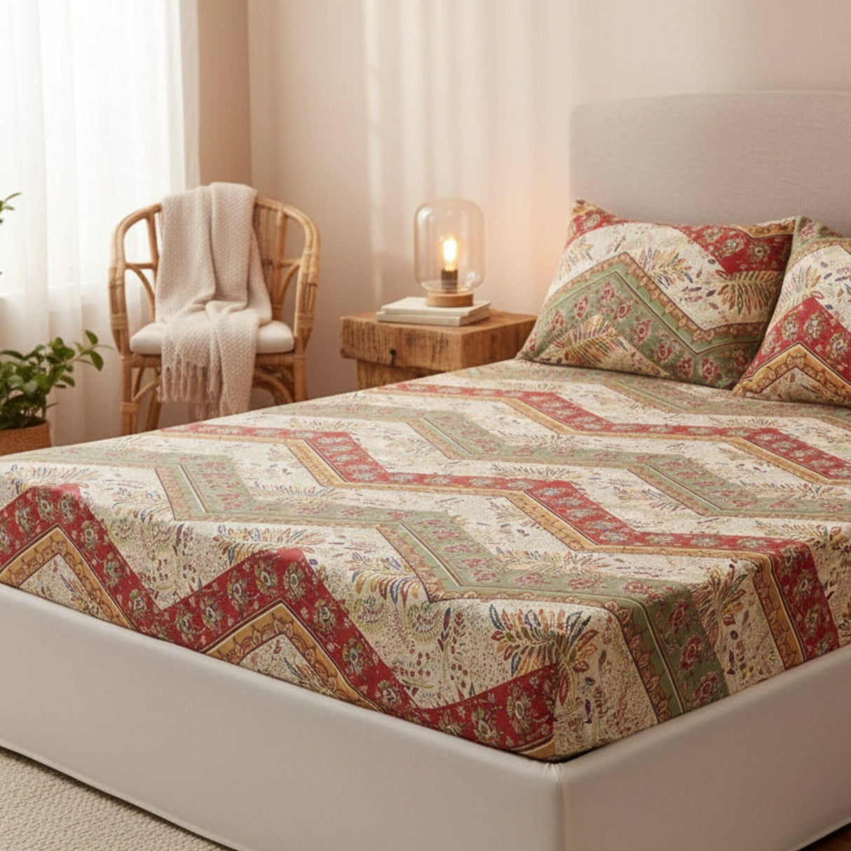 DaDa Bedding Botanical Cranberry Sage Chevron Floral Fitted Bed Sheet w/ Pillow Cases (JHW-924-Fitted)