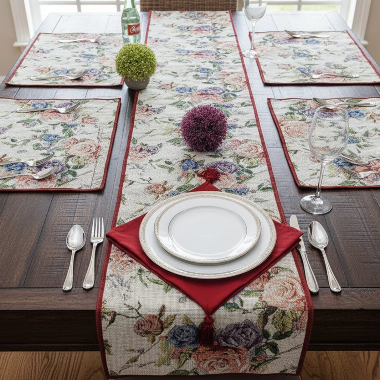 DaDa Bedding Vintage Romantic Roses Lovely Pink Floral Woven Tapestry Dining Table Runner (879)