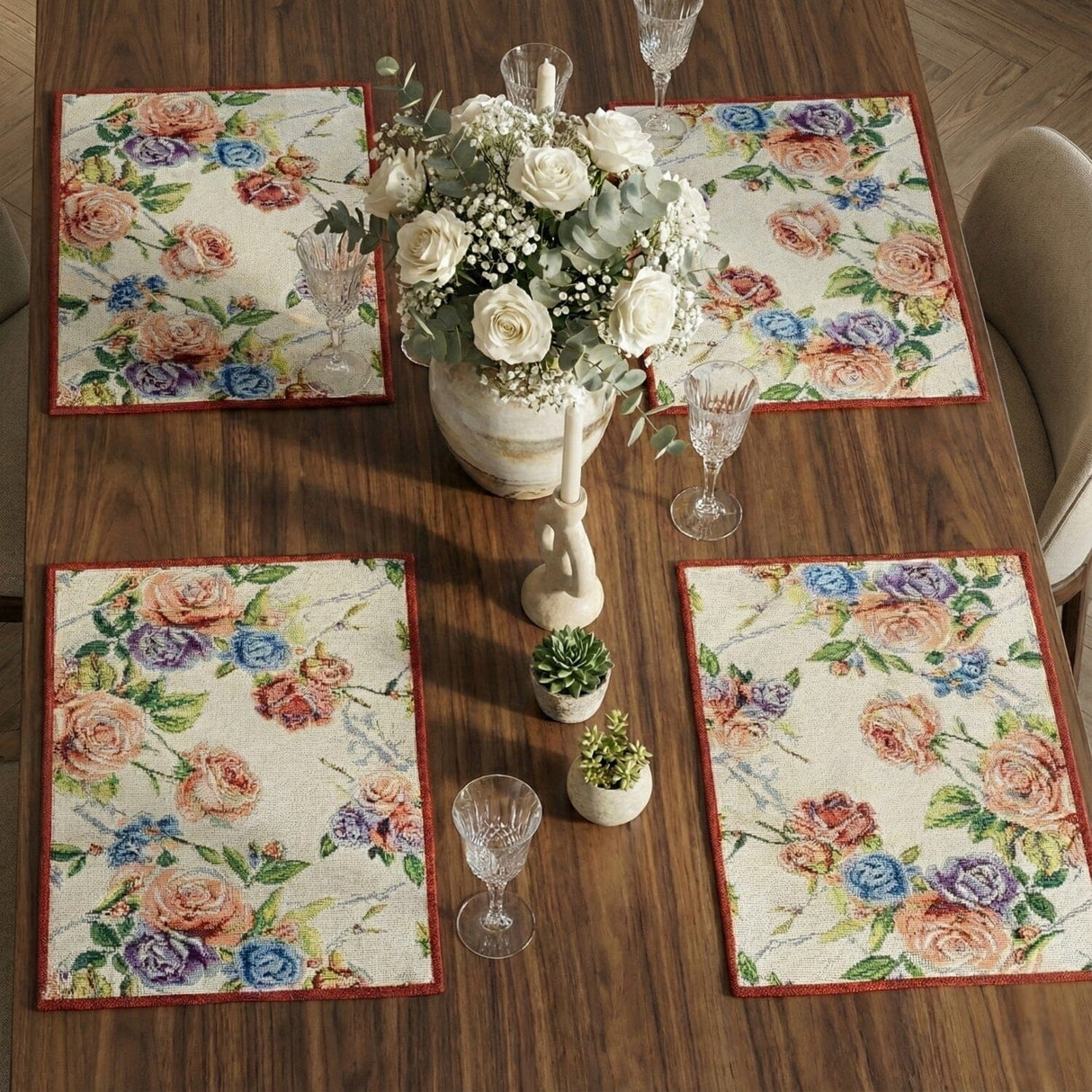 DaDa Bedding Set of 4-Pieces Vintage Romantic Roses Lovely Pink Floral Tapestry Placemats 13” x 19” (879)