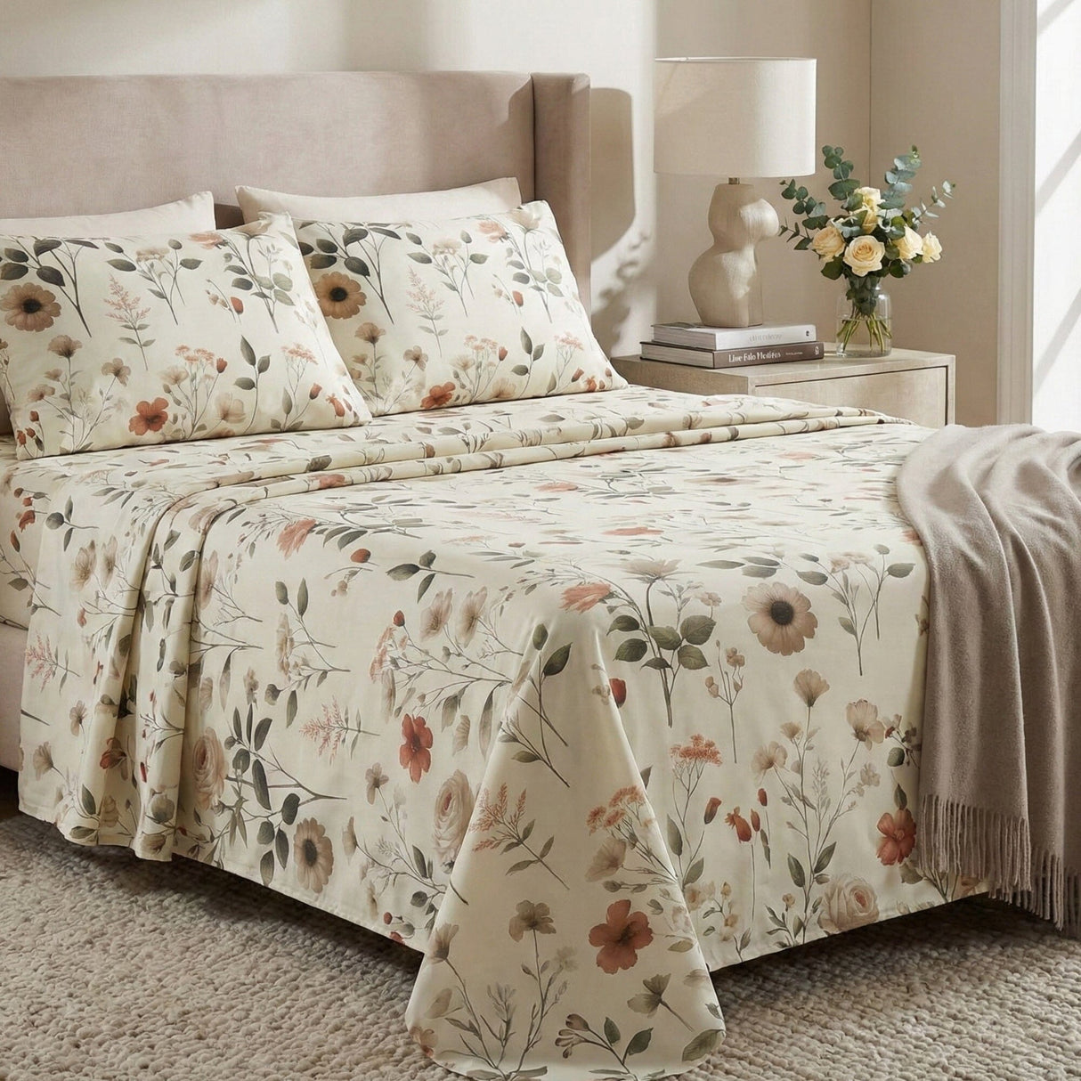 DaDalogy Enchanted Meadow Bed Sheet Set - Floral Harmony in Beige, Rose, and Soft Green, Premium Soft Microfiber, Machine Washable, Deep Pocket 14 - 15 Inches + Flat Sheet