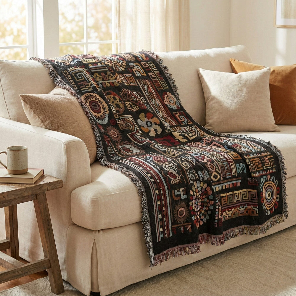DaDa Bedding Elegant Tapestry Throw Blanket, Ethnic Ornaments Geometric Black - 50” x 60” (7174)