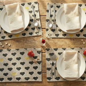 DaDa Bedding Set of 4-Pieces Valentine's day Yellow & Black Hearts Tapestry Dining Table Placemats 13” x 19” (18113)