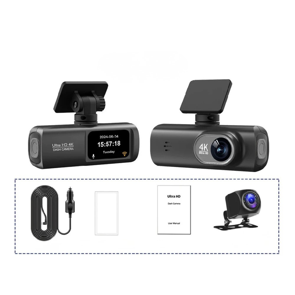 4K Dash Cam 2Inch UHD Front Rear Car DVR WiFi APP Control Night Vision 2Channel