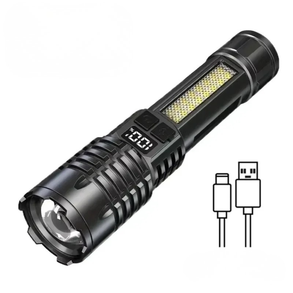 High Power LED Flashlight Type C Rechargeable COB Torch Side Light Camping