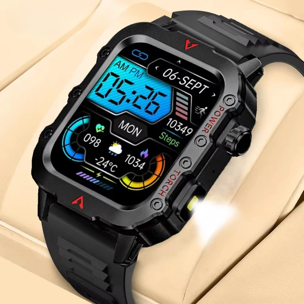 Men Smart Watch with LED Flashlight Outdoor Sports Health Fitness Tracker