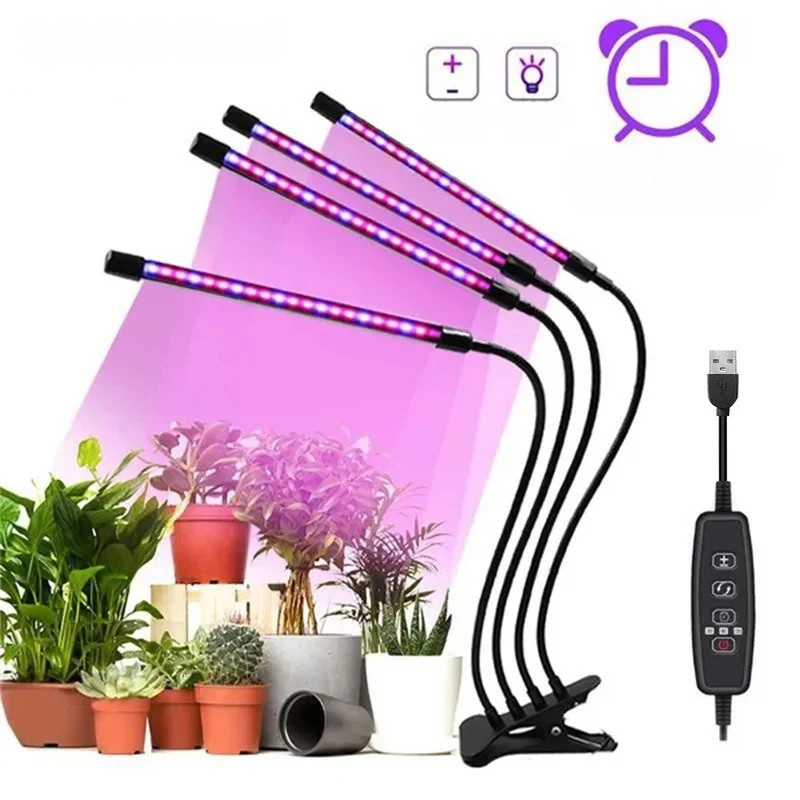 Clip On LED Grow Light Full Spectrum USB Timer Dimmable 1–4 Head Plant Lamp