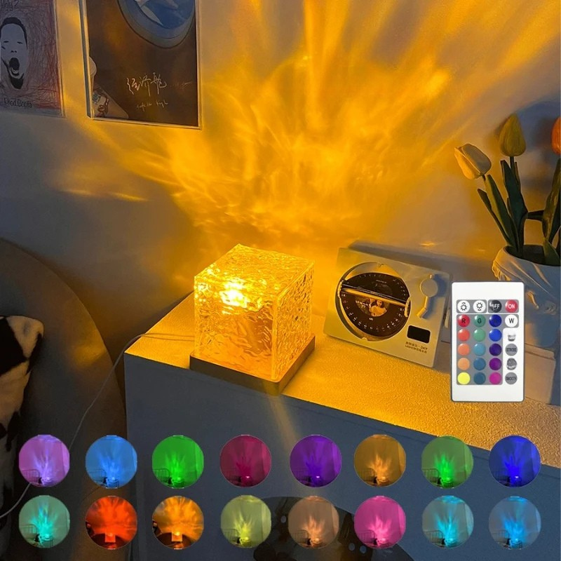 Water Ripple Projector Night Light Rotating Flame Crystal Lamp 16 Color Ambient Lamp
