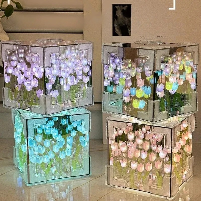DIY Tulip Flower Night Light Kit Handmade Cube Lamp Aesthetic Room Decor Gift Set