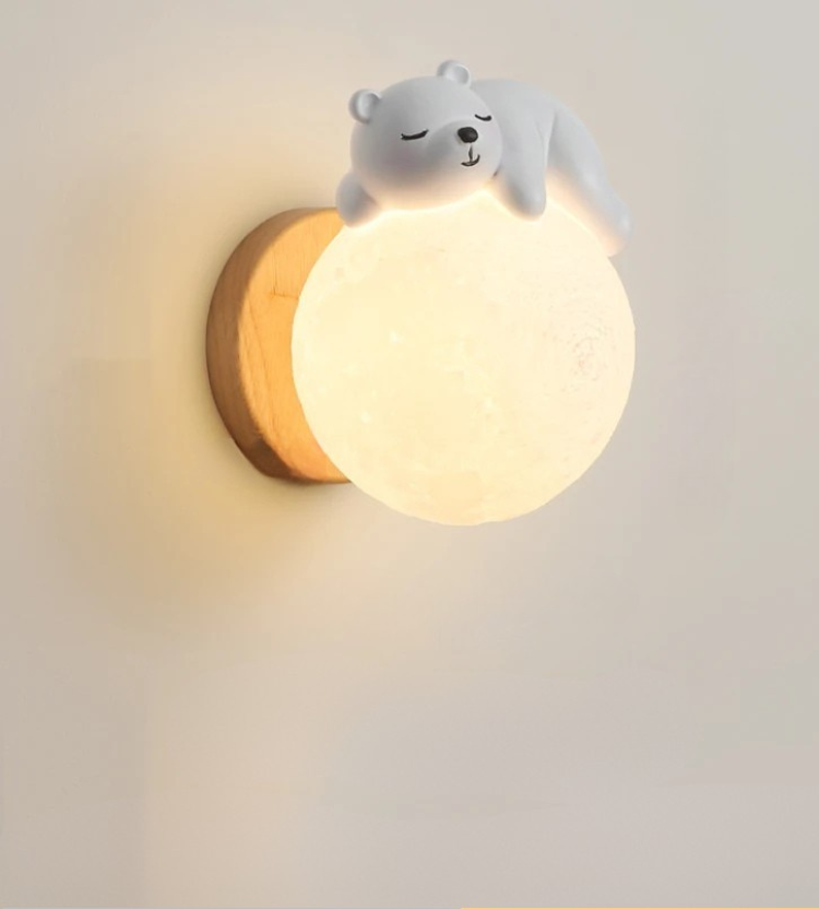 Cute Bear Moon Wall Light Kids Bedroom Nursery Night Light Cartoon Animal Lamp